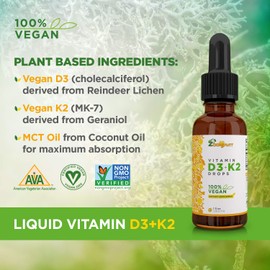 Zoomavit Vegan Liquid Drops Vitamin D3 K2 (MK7) - 100% Plant Based Liquid Vitamin D Enhanced with Coconut Oil for Max Absorption - 1 Serving = 1000 IU VIT D3 and 200 mcg VIT K2