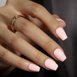 KQueenest Coral Pink Press On Nails Short - Summer Press On Nails Coffin, Sheer Nude Pink Medium Fake Nails with Glue, Glossy Opaque Ballerina Reusable Soft Gel Glue on Nails for Women, 30 Pcs