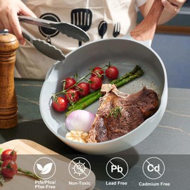 SC Cooker Frying Pans Nonstick with Lid, 10.2 inch Skillets and Frying pans,Ceramic Cooking Egg Pan with Pour Spout,Non Toxic Pan for all Stove,Induction,Gas,Pb, Cd PFOA Free (White, 10.2inches)