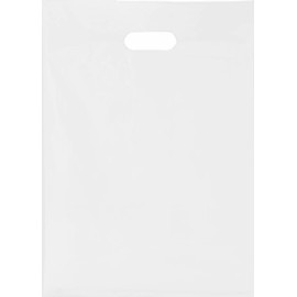 100 Pack White Plastic Carrier Bags - 38cm x 46cm + 7cm, Patch Handle Reusable bag, Ideal for Boutiques Clothes, Jewellery, Gifts, Retail and Shopping.