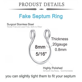 QWALIT Fake Septum Piercing - Faux Nose Ring Clip On & Hoop - Septum Jewelry
