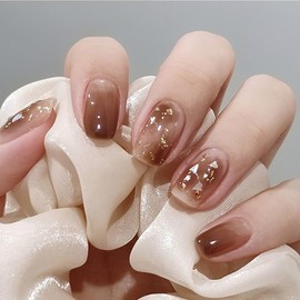 Gradient Press on Nails Medium Length Coffin Shape Fake Nails with Sequin Design Glossy Shiny Stick on Nails Soft Glue on Nails Reusable Full Cover Artificial Acrylic False Nails for Women Girls 24Pcs