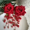 Boutique Flamenco Red Rose & Bead Flower Earrings Zara Huge