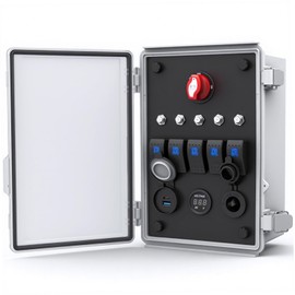 AMOMD 12V Rocker Switch Waterproof Box 5 Gang LED Toggle Switch Panel Multiple Electrical Power Outlet Ports with Breaker LED Voltmeter Battery Disconnect Switch for Automotive Marine RV Truck Boat