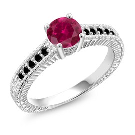 Gem Stone King 925 Sterling Silver Red Created Ruby and Black Diamond Women Engagement Ring (1.17 Ct Round) (Size 5)