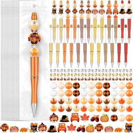 Zhanmai 197 Pcs Thanksgiving Theme DIY Beadable Pens Kit 24 Plastic Bead Pens with 101 Assorted Colors Wooden Beads 48 Spacer Bead 24 Packaging Bags Ballpoint Pen Bulk for School Gift Office Supplies