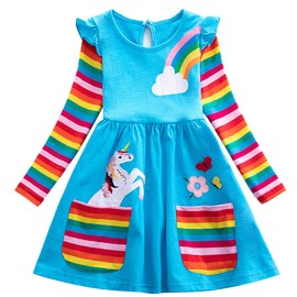 UnionKK Kids Girls Autumn Casual Unicorn Dresses Cotton Long Sleeve Crew Neck Dress 2-7 Years (Blue, 4T)