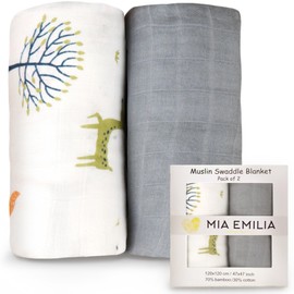 MIA EMILIA Premium Muslin Swaddle Blankets, Gender Neutral, Silky, pre-Washed for Zero Shrinkage. Generously Sized, Thicker & Soft for Baby Comfort. 47x47 inches.(Grey Forest)