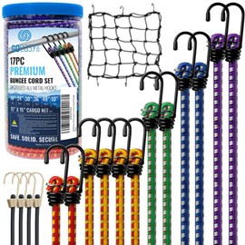 GOEASY0312 Premium Bungee Cords Heavy Duty - 17 Piece Bungee Cords with Hooks in A Storage Jar Includes 10", 18", 24", 30", 36", 48" Bungie Cord & Cargo Net Bundle
