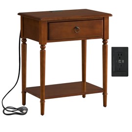 Coastal Side Table with USB-C Fast Charging Station, Solid Wood, Pecan Brown Nightstand, Perfect for Bedrooms, Living Rooms, and Small Spaces – Leick Home, 20022-PC