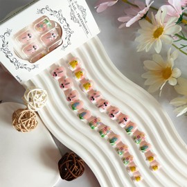 Cute Press on Nails Short Square Fake Nails Broken Shell Chicken False Nails Fold Ear Rabbit Acrylic Nails Grass Flowers Design Glue on Nails Easter Colorful Stick on Nails for Women Girls 24 Pcs