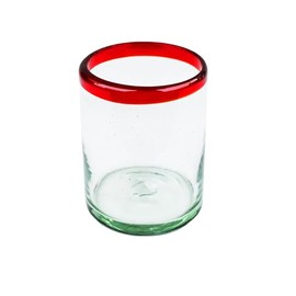 Double Old Fashion, Red Rim, Set of 4, 12 oz, Hand Blown by Mexican Artisans from 100% Recycled Cola Bottles, Eco-Friendly, Sustainable, Expert Craftsmanship, passed down through Family Generations