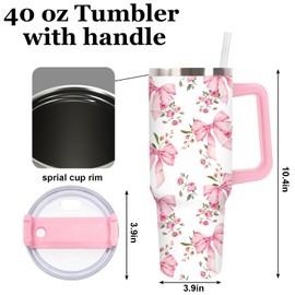 JarThenaAMCS 40oz Coquette Pink Bow Tumbler with Handle Lid and Straw Watercolor Floral Bowknot Tumbler Pink White Flower Stainless Steel Cup for Women Friend Holiday Birthday Travel