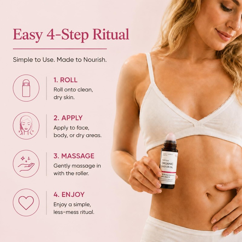 Organic Castor Oil Roll On with Rose Quartz Roller Ball,