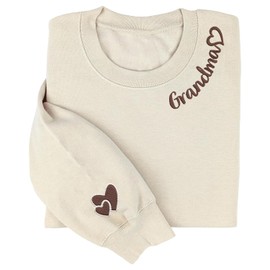 Famitrendz Grandma Embroidered Sweatshirt, Grandma Sweater with Heart on Sleeve, Grandma Crewneck, Grandma Birthday Gifts, Christmas Grandma Gifts, for Grandma, Sand (Size M)