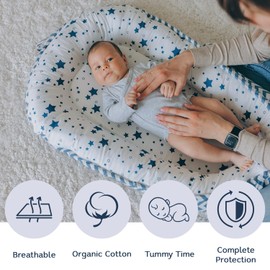 Aila + Aiden Baby Lounger | Organic Cotton Infant Lounger | Reversible, Adjustable & Portable Floor Lounger | Soft, Breathable, Washable Cover - Star Collection (White/Tan)