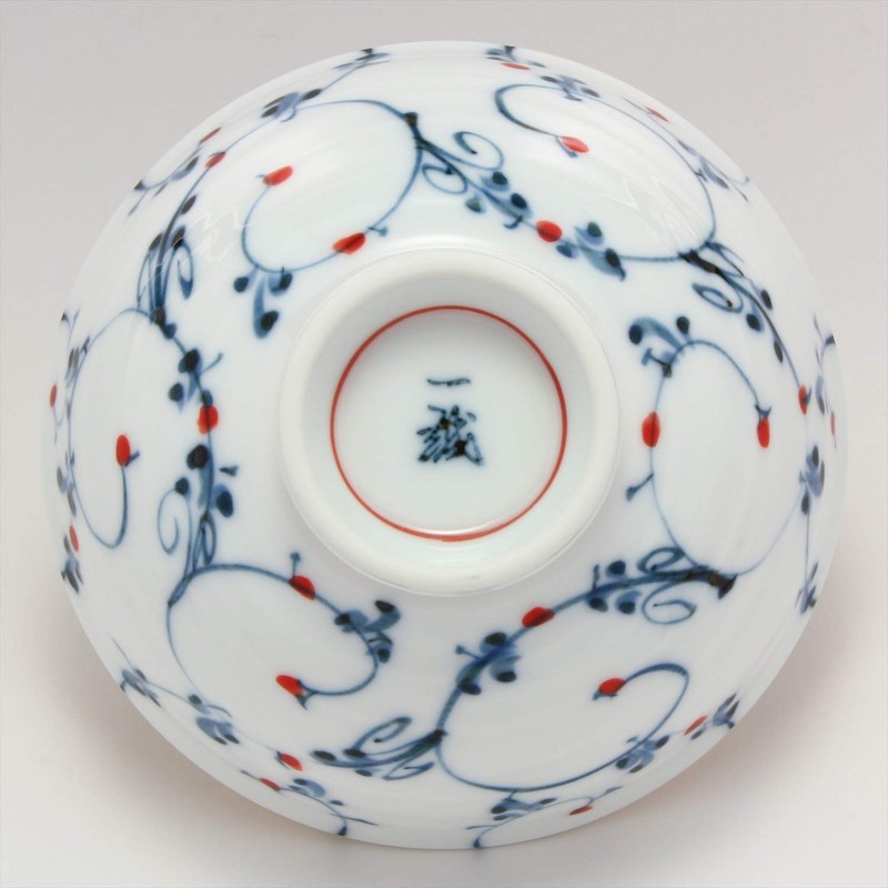 Kowa Pottery Hasami Ware Rice Bowl, Small, Dotted Arabesque, Red