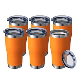20 oz 6 Packs Wholesale in Bulk Insulated Stainless Steel Tumblers Reusable Coffee Travel Mugs with Lid Hot n Iced Cups, Double Wall Blank Vacuum Metal Thermal Women Men (Half A Dozen, Orange)