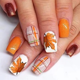 Fall Fake Nails Maple Leaf Press on Nails Medium Square False Nails Autumn Leaves Design Full Cover Acrylic Nails Orange Glitter Fall Glue on Nails Artificial Stick on Nails for Women Girls