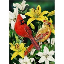 Furiaz Decorative Cardinal Flower Spring Small Garden Flag Double Sided, Red Yellow Birds Home Floral Lily Burlap Outside House Yard Decoration, Summer Green Seasonal Outdoor Décor Flag 12.5 x 18