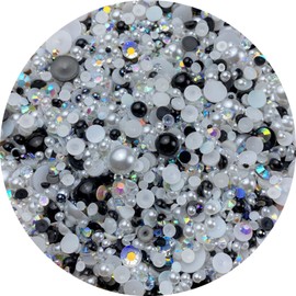 Mix Flatback Pearls and Rhinestone,60g Resin Rhinestones Half Round Pearls for Crafts 3mm-10mm AB Color Half Pearl Flatback Rhinestone for Nail Face Art,Bottles (White Black Series)