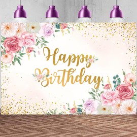 4signalballs Pink Floral Happy Birthday Backdrop - 7x5FT Elegant Gold Glitter Banner with Roses & Script Font, Pastel Birthday Decorations for Women, Girls, Adult Party Photo Booth or Wall Decor