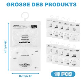 Dehumidifier Cabinet, Pack of 10 50 g Dehumidifier Bags, White Hanging Dehumidifier Granules, Wardrobe Dehumidifier for Hanging, Humidity in the Kitchen/Bathroom/Cabinet/Car Lower