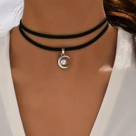 Xmsrn Vintage layered Black Velvet Leather Choker Necklace Moon Pendant Necklace Crescent Moon Choker Necklace Short Black Leather Necklace Boho Pearl Choker Necklace for Women