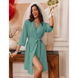 Ekouaer Robes for Women Knee Length Bathrobe Lightweight Kimono Robe 3/4 Sleeve Loungewear Soft Sleepwear with Pockets L