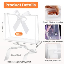 Gdotmely 12 Pcs Clear Plastic Gift Bags with Die Cut Handles,Reusable Party Favor Bags with Ribbons, Clear Gift Bag for Wedding Bridal Baby Shower Birthday Party Business, 12 x 10 x 5''(White)