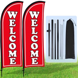 Buryeah 2 Sets Welcome Feather Flag Sign Kit 8 ft Welcome Banners Swooper Flag with Fiberglass Poles and Point Stake for Outdoor Business and Events Promotion(Classic,Red)