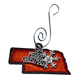 NEBRASKA Christmas Ornament, Small, Rustic Metal with Merry Christmas and Snowflake Charms
