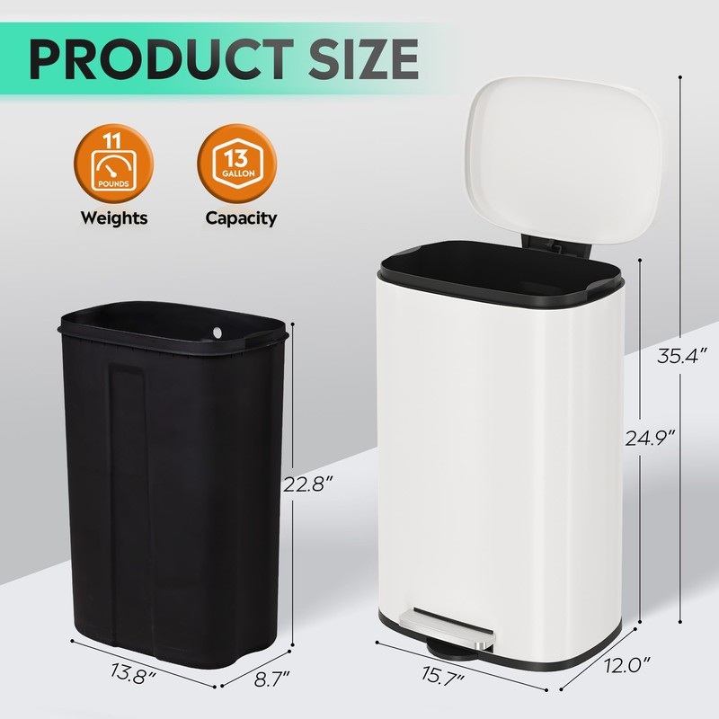 WLIVE 13 Gallon Stainless Steel Trash Can with Inner Bucket,