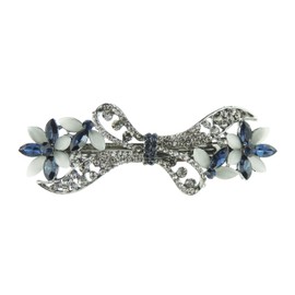 Ladies 9 cm Vintage Look Opaque Blue Grey Bow Flower & Crystal Hair Barrette