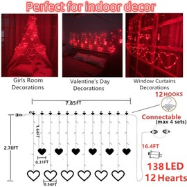 Efunly Valentines Day Decor Lights,138 LED 12-Heart-Shaped String Lights Waterproof,8 Modes Connetable 29V Plug in Curtain Lights for Kids Bedroom Wedding Party Valentines Day Decoration