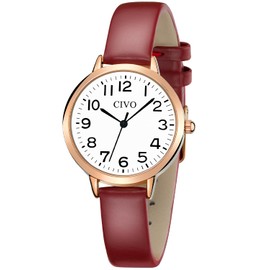 CIVO Women Watches Leather Arabic Numerals Minimalist Wrist Watch Women Waterproof Analog Quartz Casual Ladies Watches Red Leather Strap Elegant Gifts for Women Girls