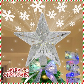 Christmas Tree Star Topper Illuminated with Rotating LED Snowflake Projector, 3D Silver Glitter Hollow Star Tree Topper, Star Night Light for Christmas Tree Decoration, Silver Star Tree Topper