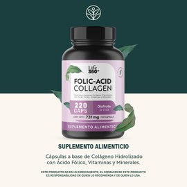 Life 360+ FOLIC ACID COLLAGEN | 220 cápsulas | Cápsulas a base de colágeno hidrolizado con ácido fólico, vitaminas y minerales | Suplemento Alimenticio | Cápsulas de gelatina y agua | 220 caps en tarro.