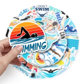 Swimming Stickers, 50Pcs Cartoon Swim Exercise Workout Fitness Vinyl Decals for Laptops Scrapbook, Zumkjde Luggage Phone Guitar Swimmer Sports Gifts for Kids Girls Boys