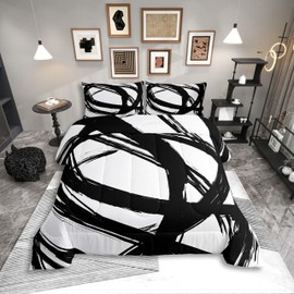 Black and White Striped Bedding Set Full Size for Adults Youth Teens,Contemporary Boho Modern Art Comforter Set,Graffiti Stripes Lines Quilt,Aesthetic Geometry Geometric Duvet Insert for Minimalists