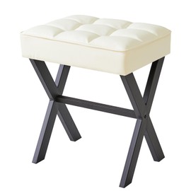 IBUYKE Square Makeup Stool with X-Leg Foot Rest, PU Footrest Stool, Ottoman Seat Vanity Stool, Multi-Use as Small Side Table, for Bedroom, Living Room, White LG-71W, Leather