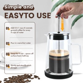 TheJze Glass French Press Coffee maker, 34 oz /1000 ml glass French press, 304 stainless steel filter, easy to clean, durable and stylish design, coffee lovers' choice