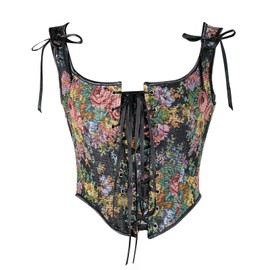 Bowanadacles Women Vintage Floral Camisole Flower Embroidery Pattern Tight Vest Drawstring Tie-up Tank Top Suspender Corset