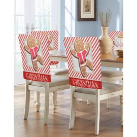 Savannan Dining Chair Back Covers, Christmas Cartoon Gingerbread Man Diagonal Stripes Red White Chair Covers Chair Slipcovers Protective Covers for Holiday Party Festival Decoration, Set of 4