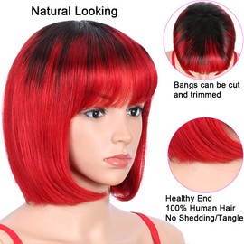 SPOTLIGHT Ombre Red Short Bob Wigs with Bangs for Women 130% Density Black Root with Red Short Bob Human Hair Wigs With Bangs (Ombre Red, TT1B/RED Color)