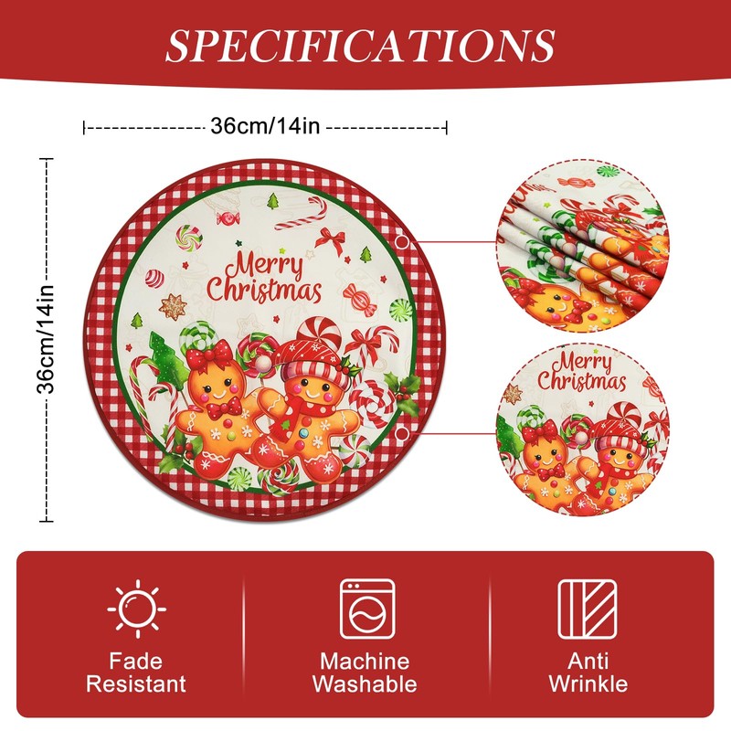 Arquiel Christmas Gingerbread Round Double-Layer Placemats, 14″, Set of 4