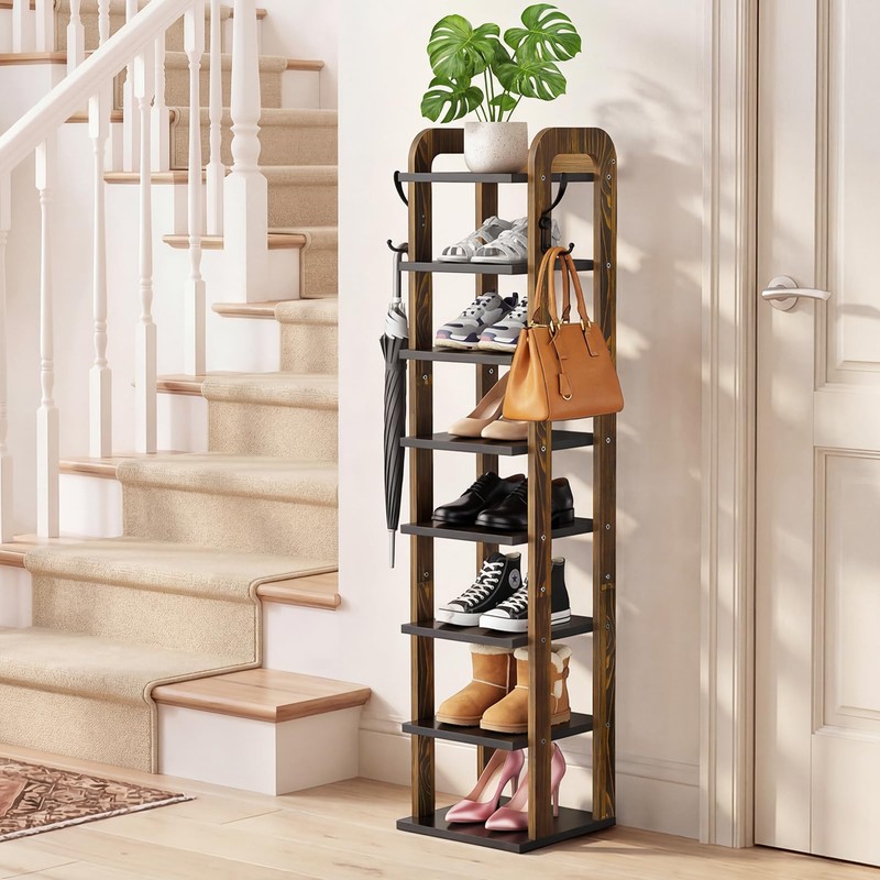 Wooden 8 Tiers Vertical Shoe Rack with Hooks