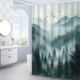 EUBTPA Misty Forest Shower Curtain Green Gray Pine Tree Foggy Jungle Mountain Birds Plant Rustic Mysterious Nature Scenery Landscape Bath Decor Polyester Fabric Curtains 70X70 Inch