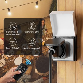 HBN Wireless Sockets with Remote Control Outdoor, IP44 Waterproof Wireless Switch Set - 2 Sockets with Remote Control for Outdoor, Garden, Patio, Balcony, Fairy Lights, 3680 W, Black