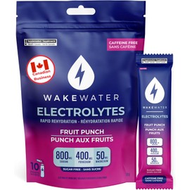 WakeWater Electrolytes Powder - Fruit Punch - Proudly Canadian - Electrolyte Powder Packets 10 x 7g - Rapid Rehydration - Sugar Free - No Artificial Sweetener - Only 10 Calories - Keto & Paleo Friendly